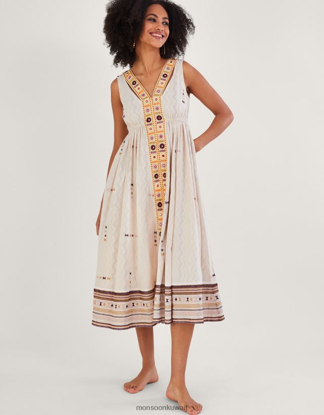 Monsoon Kuwait - فستان مطرز بتصميم شيفرون ملابس عاج Monsoon نحيف N4BV8X306