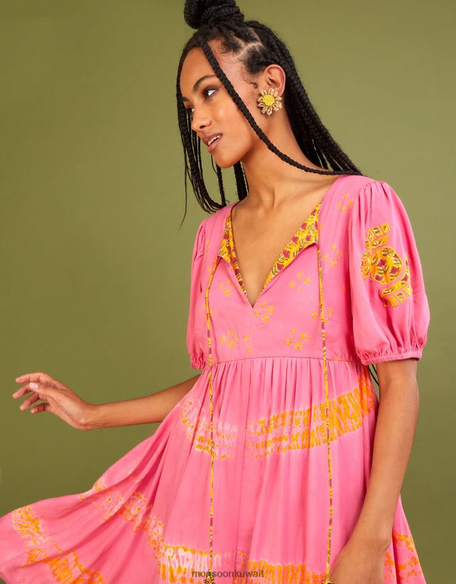 Monsoon accessorize - فستان بانداني ببطانة متباينة وطبعات مصبوغة من لينزينغ إيكوفيرو ملابس برتقالي (مرجاني) Monsoon نحيف N4BV8X315