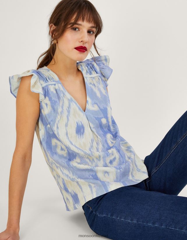 قميص بيجي إيكات بدون أكمام من مزيج الكتان ملابس أزرق Monsoon نحيف N4BV8X326 - Monsoon kuwait online shopping