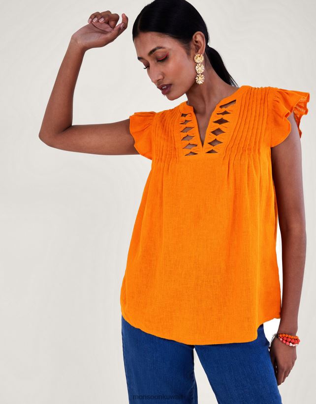 بلوزة بأكمام واسعة وتفاصيل رقبة من مزيج الكتان ملابس البرتقالي Monsoon نحيف N4BV8X335 - Monsoon online customer service