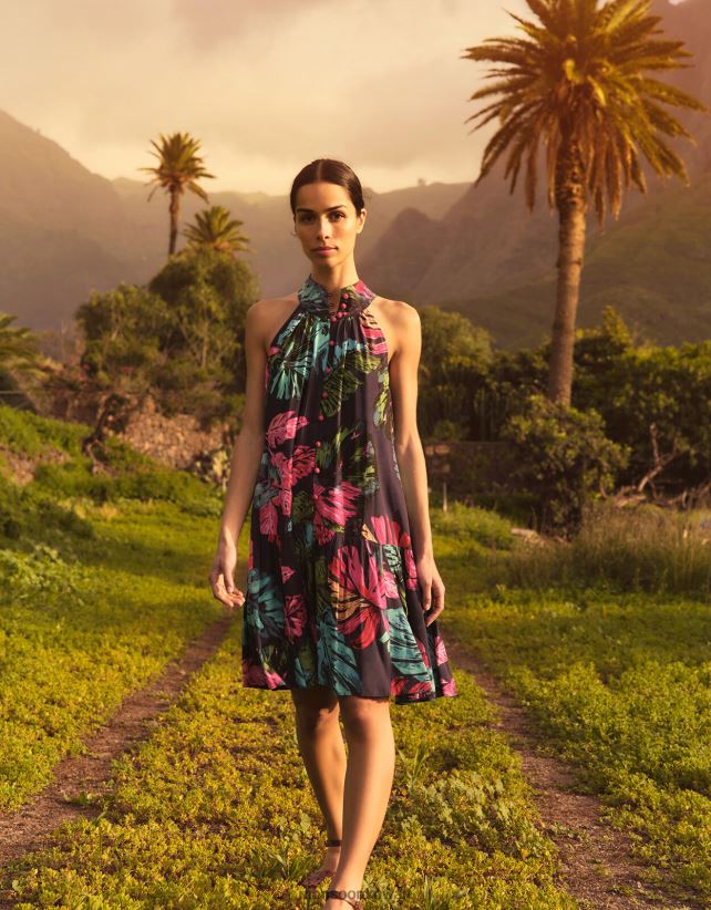 Monsoon Kuwait - فستان بطبعة النخيل من بريا مصنوع من الفيسكوز المستدام ملابس الأزرق (منتصف الليل) Monsoon نحيف N4BV8X337