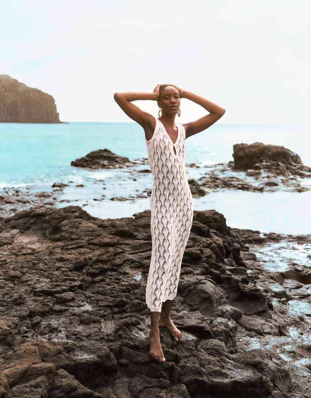 فستان ميدي للشاطئ بغرزة بوانتيلي ملابس عاج Monsoon نحيف N4BV8X339 - Monsoon kuwait avenues