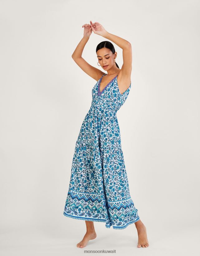 فستان ماكسي بطبعات زهور مع لينزينج إيكوفيرو ملابس أزرق Monsoon نحيف N4BV8X341 - Monsoon kuwait avenues