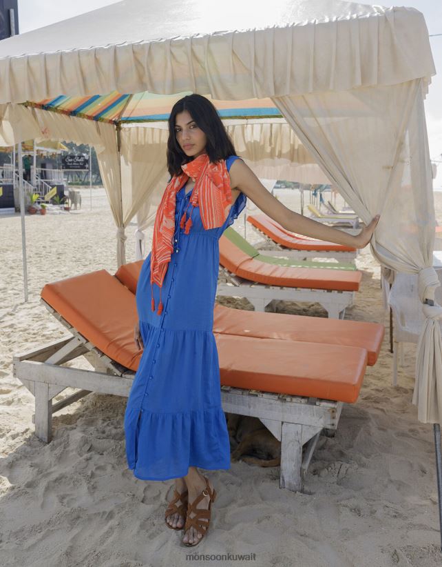 Monsoon Kuwait - فستان متوسط ​​الطول بياقة مكشكشة من لينزينغ إيكوفيرو ملابس الأزرق (الكوبالت) Monsoon نحيف N4BV8X394