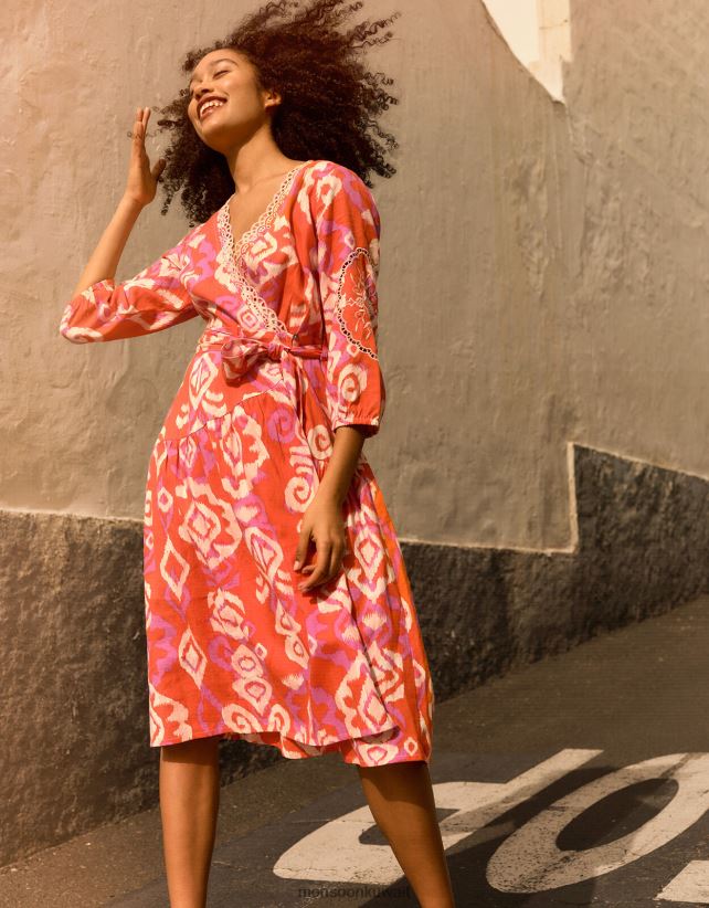 Monsoon محل - فستان أسبن ملفوف من مزيج الكتان ملابس البرتقالي Monsoon نحيف N4BV8X416