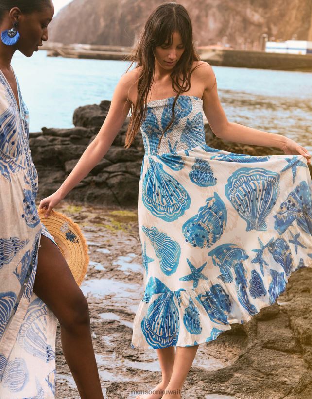 فستان باندو متوسط ​​الطول بطبعة صدفة ملابس عاج Monsoon نحيف N4BV8X483 - Monsoon children