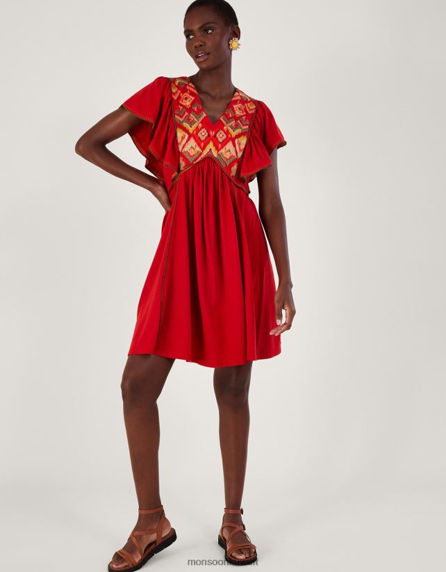 فستان جيرسي بأكمام كشكش مطرز ملابس أحمر Monsoon نحيف N4BV8X485 - Monsoon online customer service