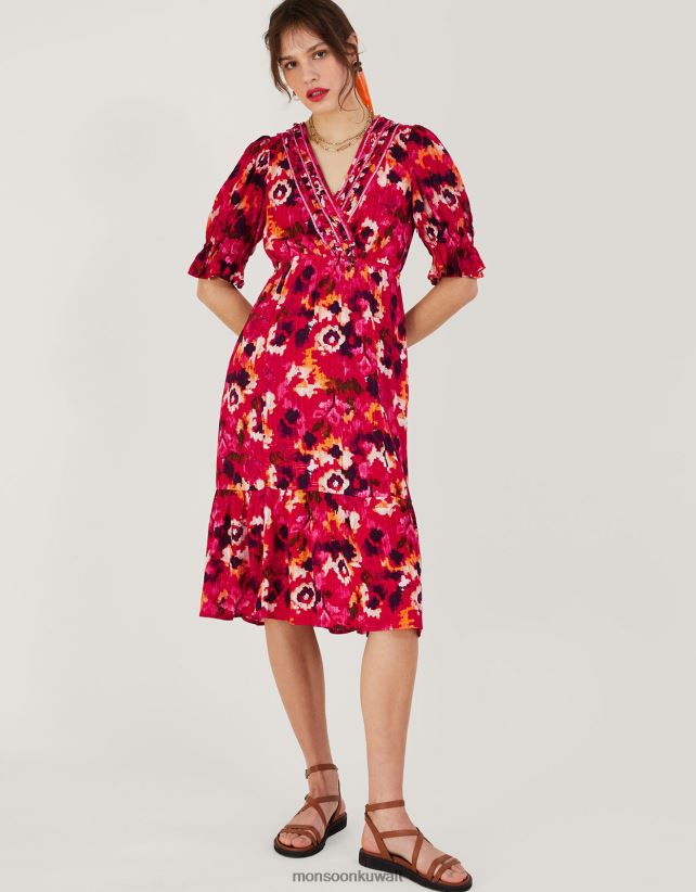 فستان متوسط ​​الطول بطبعة عنق مضفر من لينزينغ إيكوفيرو ملابس أحمر Monsoon نحيف N4BV8X490 - Monsoon kuwait avenues