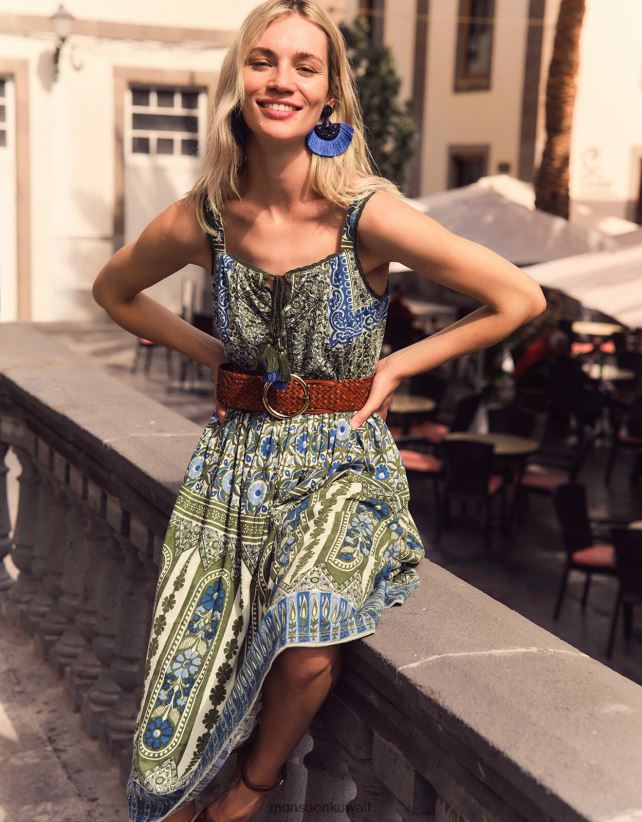 فستان بطبعات تراثية ومزخرف بالدانتيل ملابس الأخضر (الكاكي) Monsoon نحيف N4BV8X509 - Monsoon online customer service