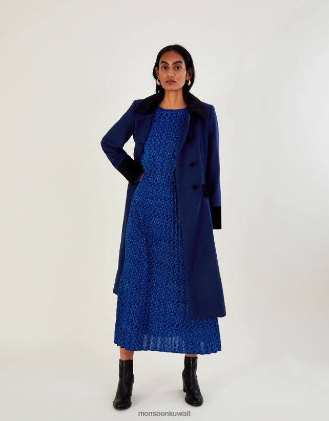 Monsoon UAE - معطف بتنورة مزخرفة بالمخمل ملابس أزرق Monsoon نحيف N4BV8X519