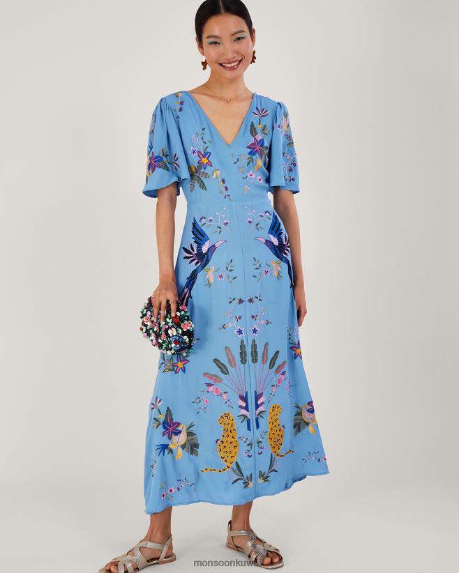 فستان شاي مطرز من أودرا من البوليستر المعاد تدويره ملابس أزرق Monsoon نحيف N4BV8X540 - Monsoon children