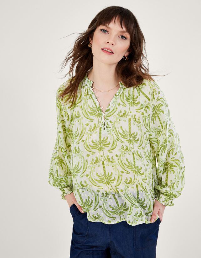 Monsoon محل - بلوزة بطبعة نخيل معدنية من تصميم أوريانا ملابس عاج Monsoon نحيف N4BV8X545