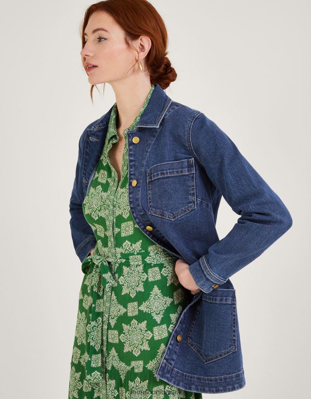 سترة ميندي طويلة من الدنيم من القطن المستدام ملابس الأزرق (الدنيم الأزرق) Monsoon نحيف N4BV8X568 - Monsoon kuwait online shopping