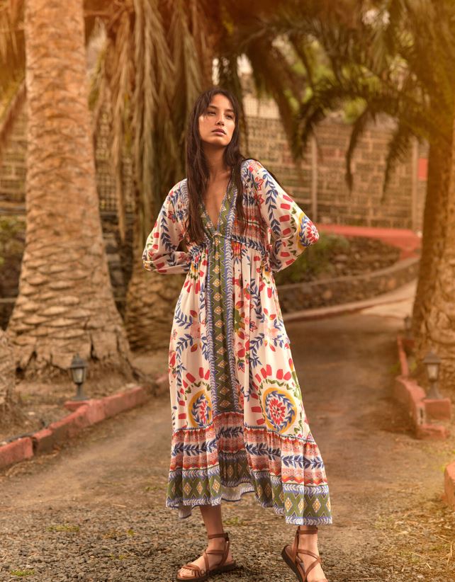 Monsoon Kuwait - فستان سموك بطبعة زهور هندسية ملابس عاج Monsoon نحيف N4BV8X57