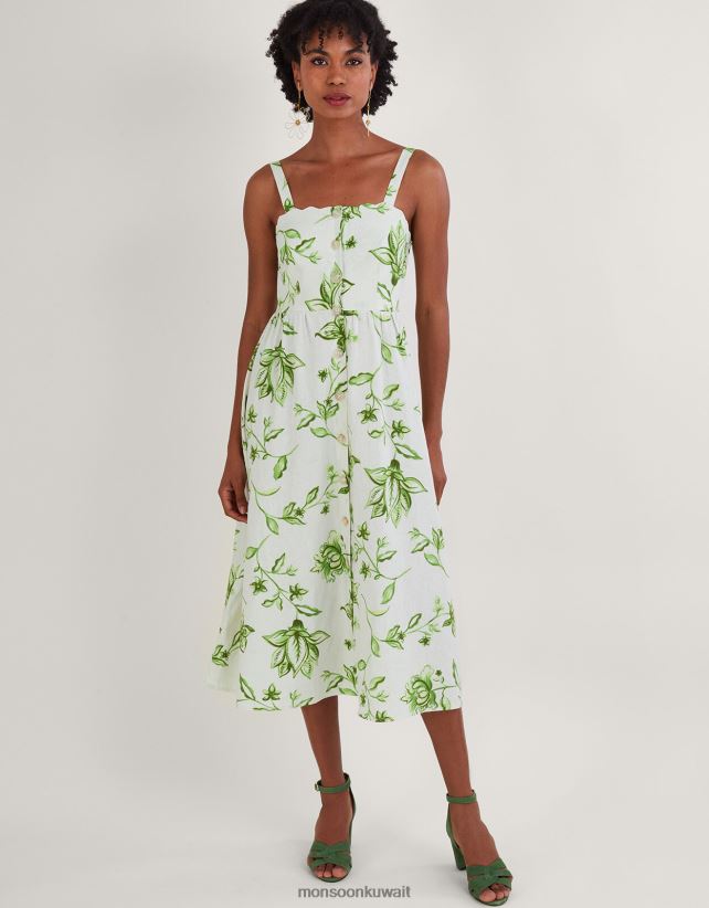 فستان كاي بطبعة زهور من مزيج الكتان ملابس عاج Monsoon نحيف N4BV8X583 - Monsoon kuwait online shopping