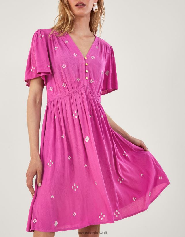 Monsoon معنى - فستان قصير مجعد ومطرز في لينزينغ إيكوفيرو ملابس لون القرنفل Monsoon نحيف N4BV8X59