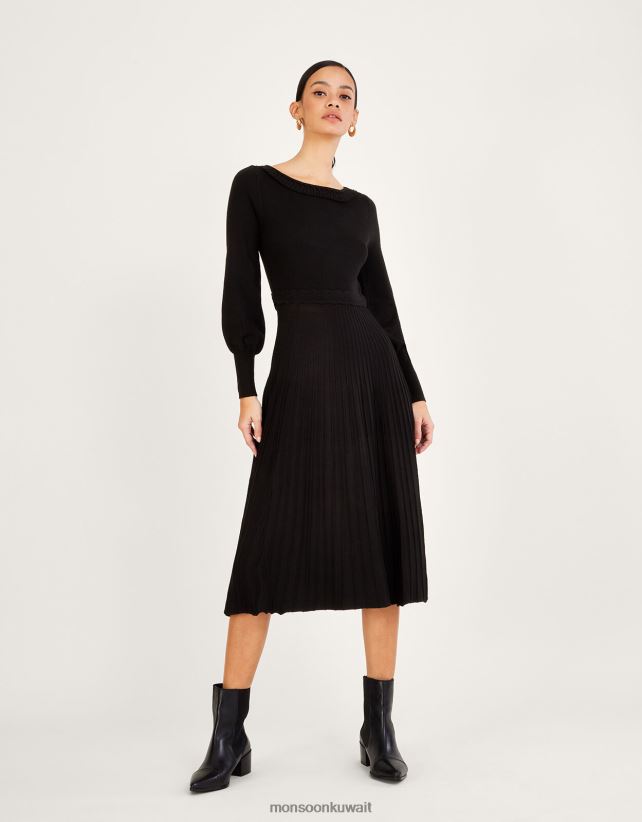 Monsoon accessorize - فستان متوسط ​​الطول برقبة مائلة ومزخرف بكسرات مع لينزينج إيكوفيرو ملابس أسود Monsoon نحيف N4BV8X604