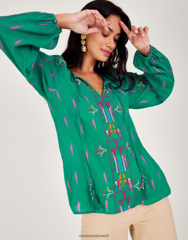 Monsoon محل - بلوزة مطرزة بربطة عنق ملابس أخضر Monsoon نحيف N4BV8X624