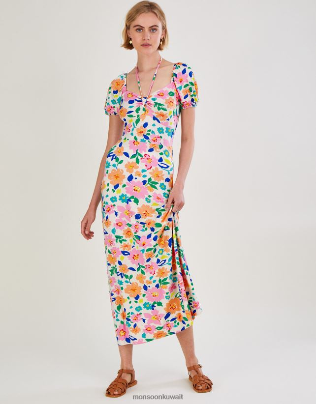 Monsoon Kuwait - فستان جيرسيه ميدي بأكمام منتفخة وزهور ملابس عاج Monsoon نحيف N4BV8X626