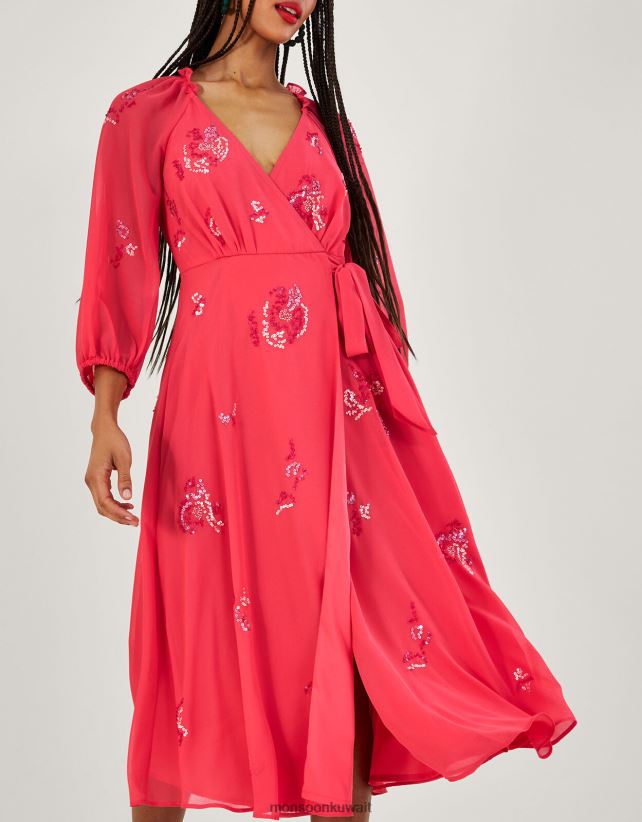 Monsoon Kuwait - فستان تامي متوسط ​​الطول ملفوف ومزخرف من البوليستر المعاد تدويره ملابس برتقالي (مرجاني) Monsoon نحيف N4BV8X637