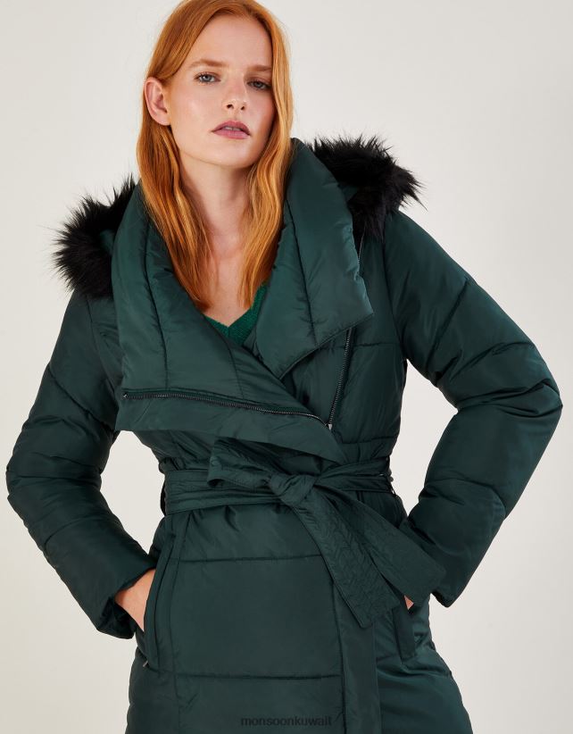 معطف مبطن من الفرو من بولين مصنوع من البوليستر المعاد تدويره ملابس أخضر Monsoon نحيف N4BV8X638 - Monsoon children
