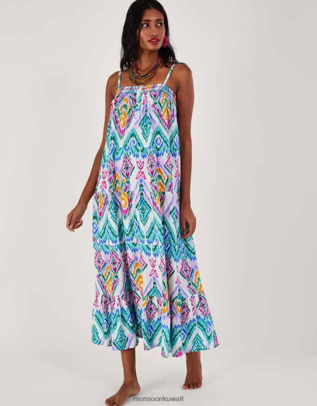 فستان كامي بطبقات وطبعات إيكات في لينزينغ إيكوفيرو ملابس البنفسجي Monsoon نحيف N4BV8X680 - Monsoon kuwait online shopping