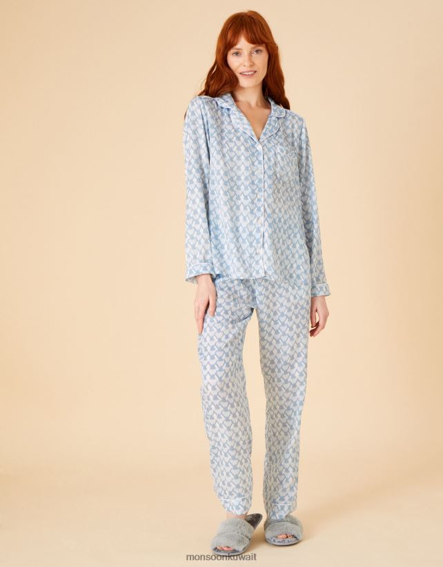 طقم بيجامة زفاف من الساتان بطباعة هندسية ملابس أزرق Monsoon نحيف N4BV8X682 - Monsoon online customer service