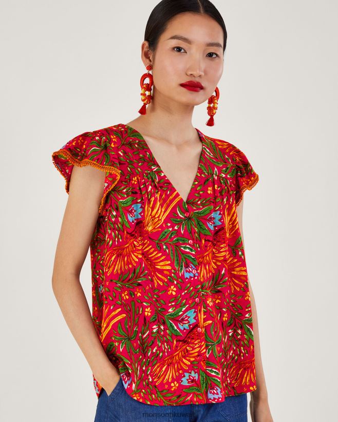 Monsoon accessorize - قميص جيرسي بطبعة أوراق الشجر مصنوع من مزيج الكتان ملابس أحمر Monsoon نحيف N4BV8X688