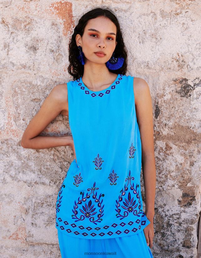 بلوزة بدون أكمام مطرزة من لينزينج إيكوفيرو ملابس أزرق Monsoon نحيف N4BV8X693 - Monsoon online customer service