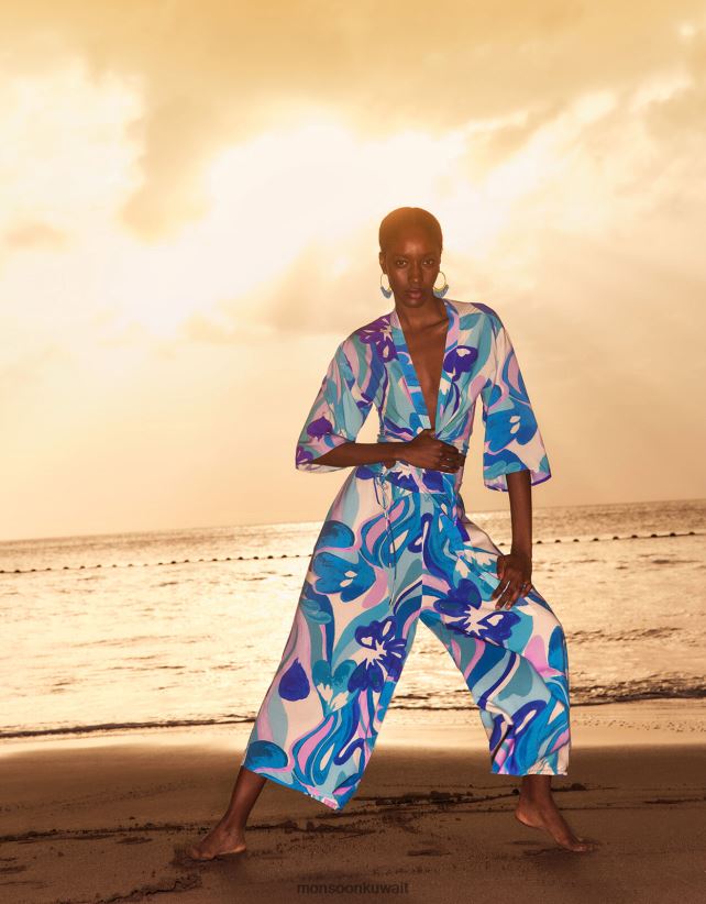 Monsoon محل - بلوزة قصيرة بطبعة دوامة وربطة أمامية من لينزينج إيكوفيرو ملابس أزرق Monsoon نحيف N4BV8X694