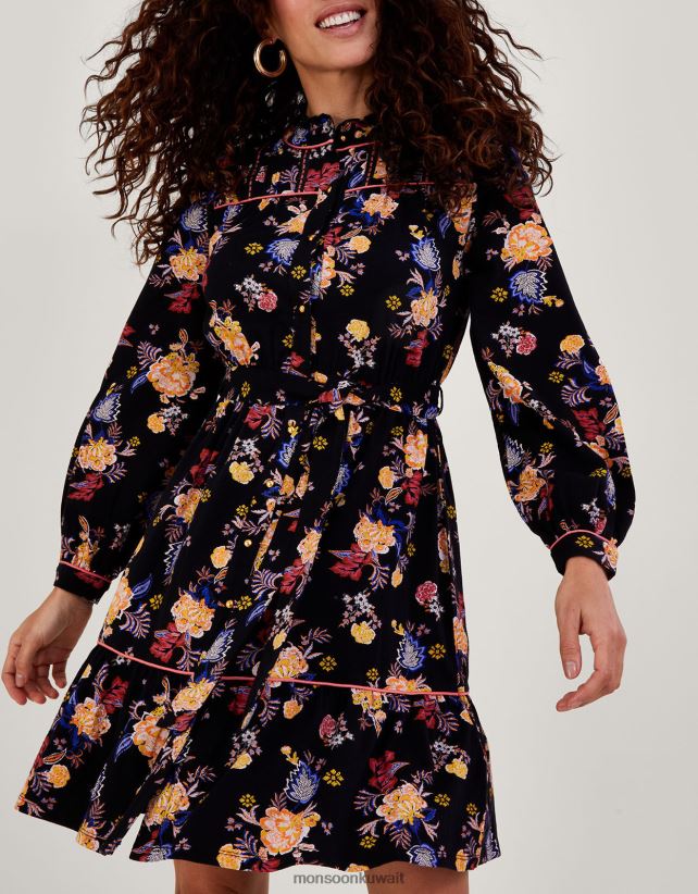 Monsoon accessorize - فستان جيرسيه بحزام وطبعات زهور ملابس أسود Monsoon نحيف N4BV8X709