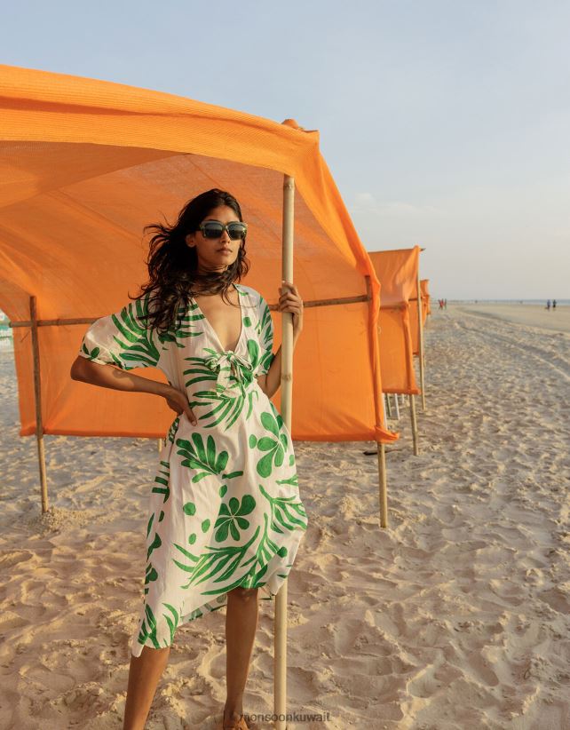 فستان ميدي بطبعة نخيل تجريدية وربطة أمامية ملابس أخضر Monsoon نحيف N4BV8X710 - Monsoon online customer service