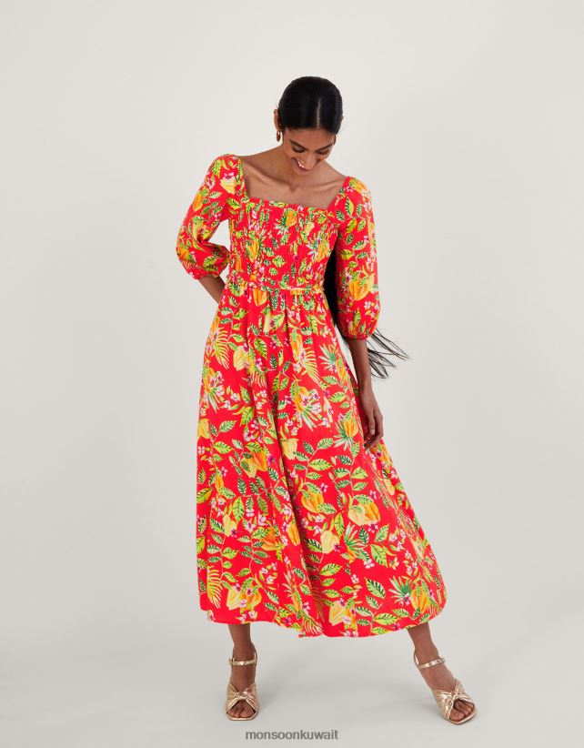فستان ميدي بطبعة بيبا ملابس أحمر Monsoon نحيف N4BV8X727 - Monsoon kuwait online shopping