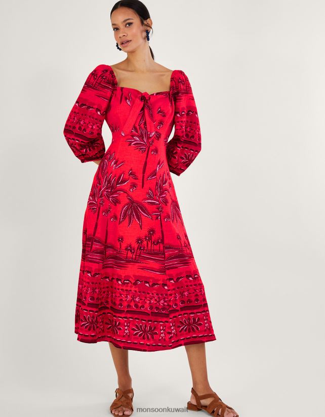 Monsoon محل - فستان باولا بطبعة النخيل مع لينزينج إيكوفيرو ملابس أحمر Monsoon نحيف N4BV8X735