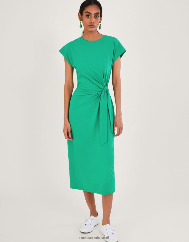 Monsoon UAE - فستان جيرسيه متوسط ​​الطول بأكمام قصيرة وعقدة جانبية من القطن المستدام ملابس أخضر Monsoon نحيف N4BV8X737