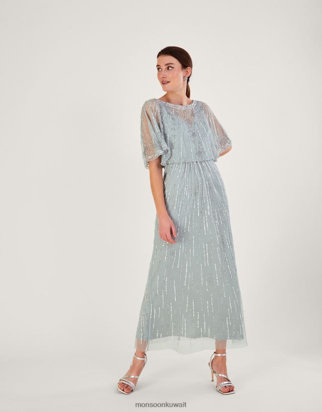 فستان إليزابيث طويل مزين بقصّة قصيرة من البوليستر المُعاد تدويره ملابس أخضر Monsoon نحيف N4BV8X738 - Monsoon online customer service