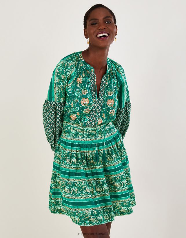 Monsoon Kuwait - فستان قصير بطبقات وطبعات زهور من لينزينغ إيكوفيرو ملابس أخضر Monsoon نحيف N4BV8X753