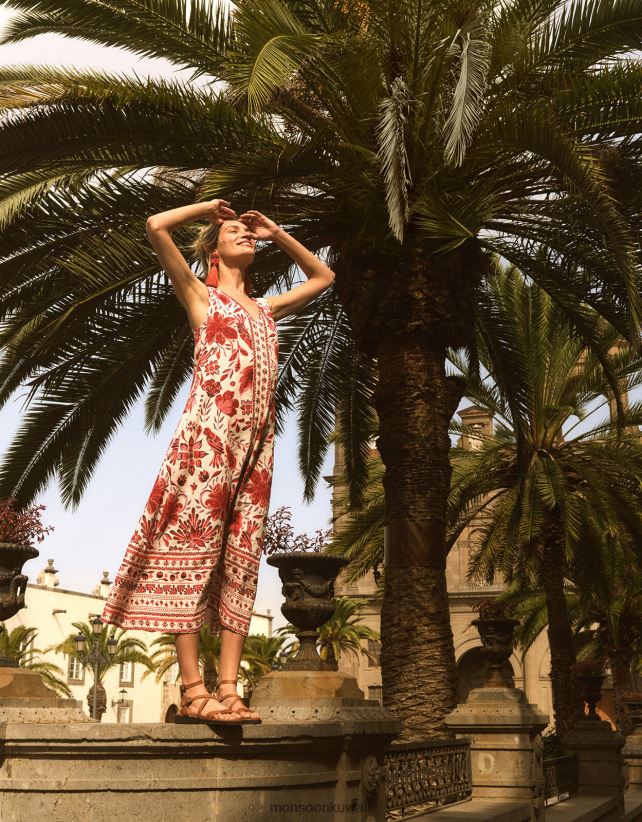 فستان ميدي بطبعة من مزيج الكتان ملابس أحمر Monsoon نحيف N4BV8X759 - Monsoon kuwait online shopping