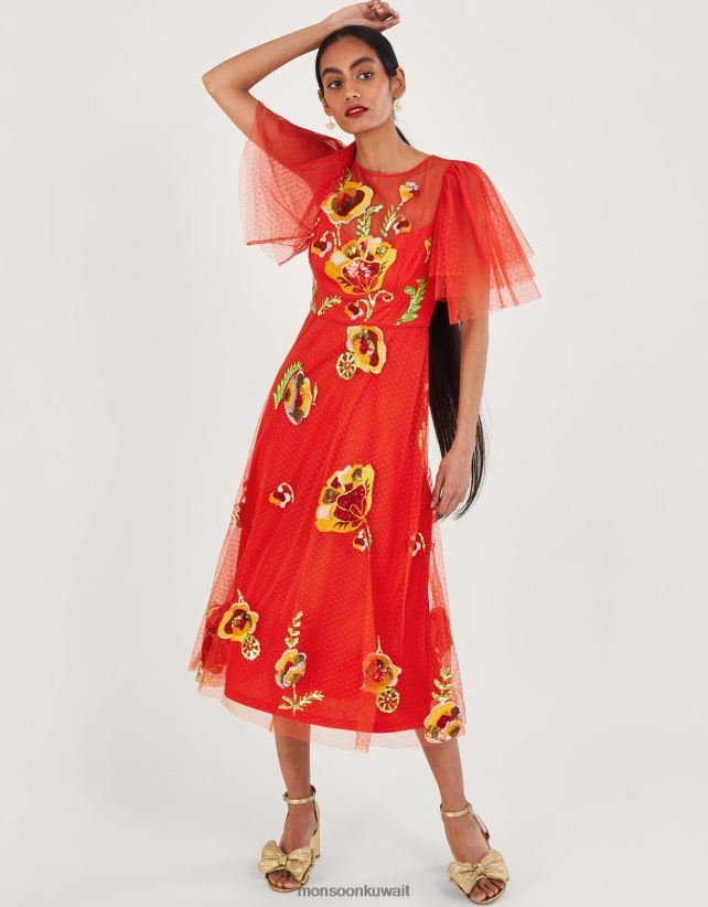 Monsoon محل - فستان كلوديا ميدي مزين ملابس أحمر Monsoon نحيف N4BV8X764