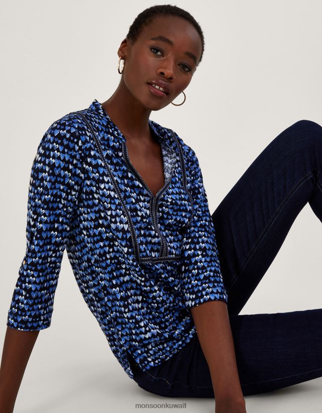 Monsoon معنى - جزء علوي من الكتان بطبعة قلب ملابس أزرق Monsoon نحيف N4BV8X766