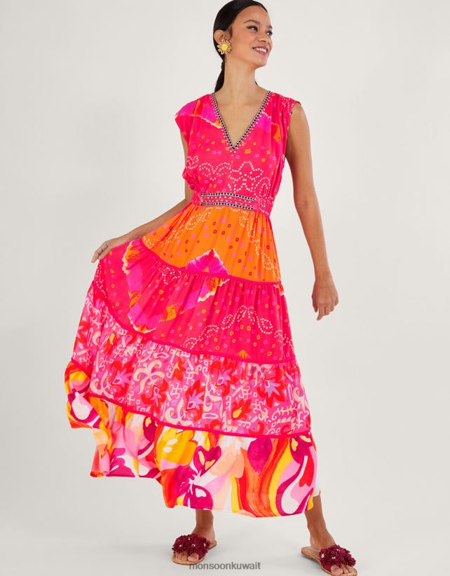 Monsoon معنى - فستان بانداني متوسط ​​الطول بطبعة متباينة من لينزينج إيكوفيرو ملابس أحمر Monsoon نحيف N4BV8X779