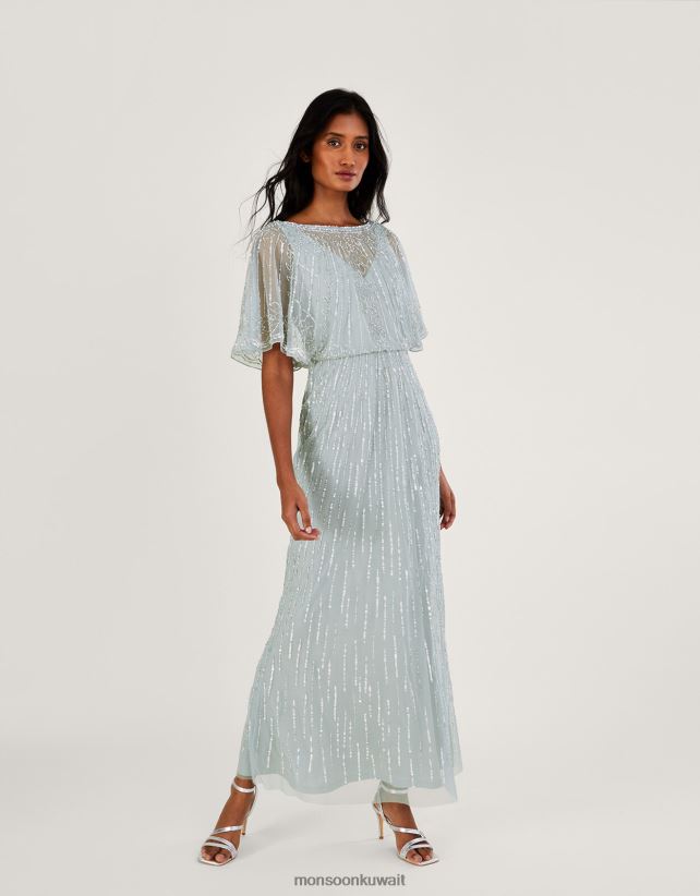 Monsoon معنى - فستان إليزابيث طويل مزين من البوليستر المعاد تدويره ملابس أخضر Monsoon نحيف N4BV8X787