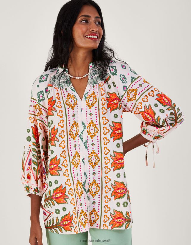 Monsoon Kuwait - بلوزة مكشكشة بطبعة من لينزينج إيكوفيرو ملابس عاج Monsoon نحيف N4BV8X791