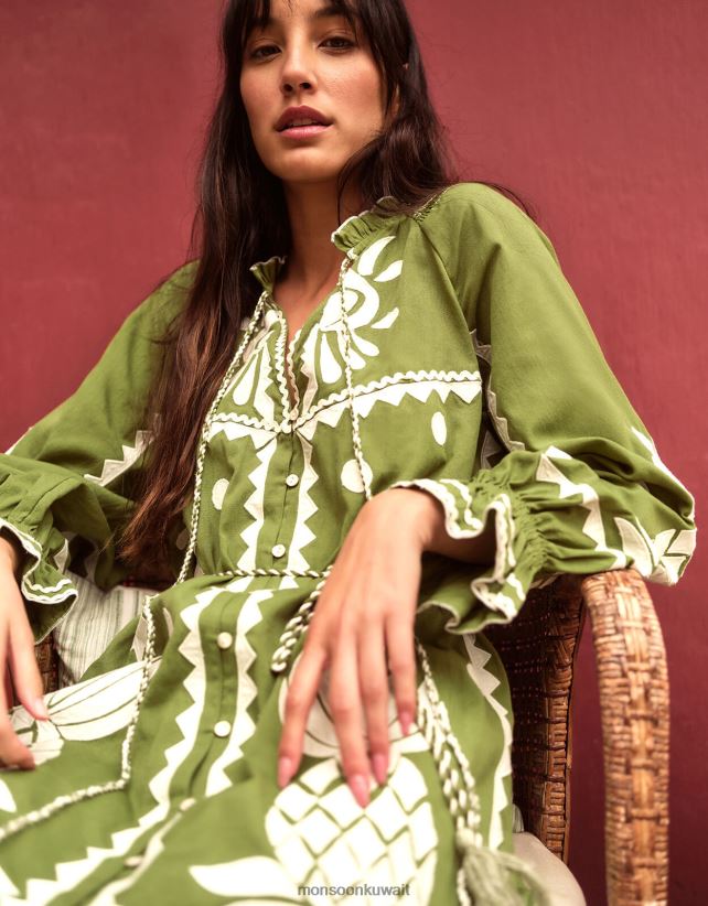 فستان مطرز على شكل أناناس من مزيج الكتان ملابس أخضر Monsoon نحيف N4BV8X809 - Monsoon online customer service