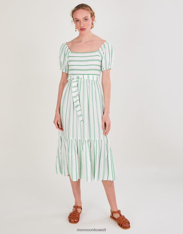 Monsoon Kuwait - فستان بطبقات من قماش الجاكار المخطط وحزام مع لينزينغ إيكوفيرو ملابس أخضر Monsoon نحيف N4BV8X812
