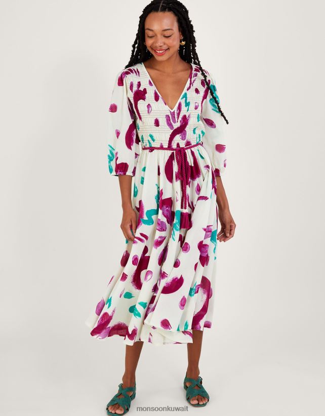 Monsoon accessorize - فستان متوسط ​​الطول مكشكش بطبعات تجريدية، مصنوع من القطن المستدام ملابس عاج Monsoon نحيف N4BV8X824