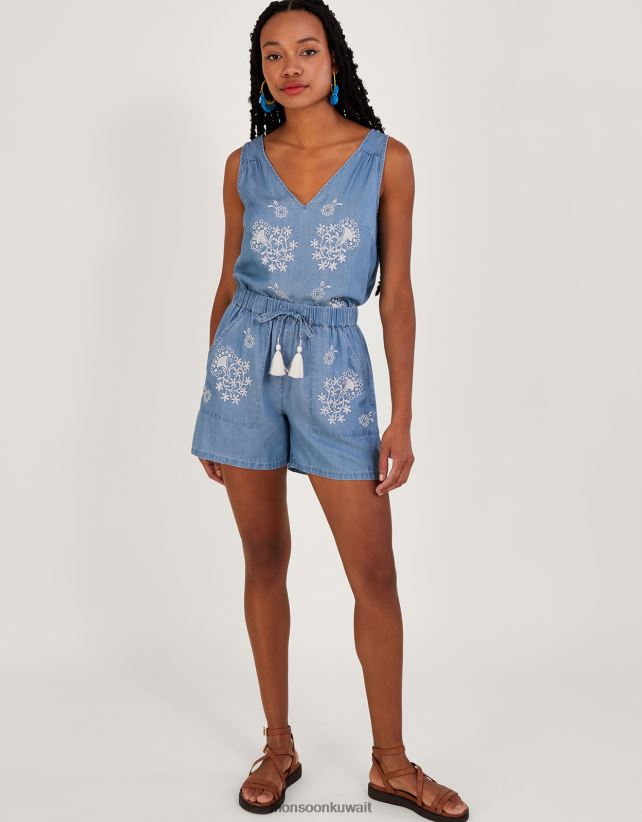 Monsoon Kuwait - شورت جينز مطرز ملابس الأزرق (الدنيم الأزرق) Monsoon نحيف N4BV8X830