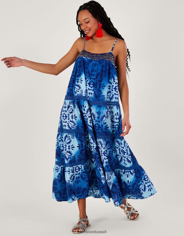 Monsoon محل - فستان كامي ميدي بطباعة الباتيك ملابس أزرق Monsoon نحيف N4BV8X834
