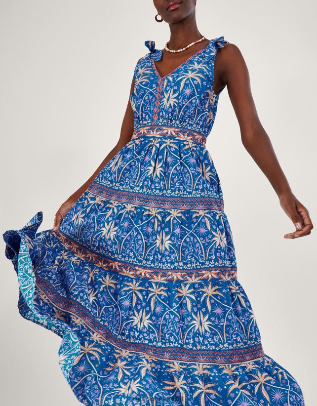 فستان ميدي بطبعة النخيل ملابس أزرق Monsoon نحيف N4BV8X851 - Monsoon kuwait avenues