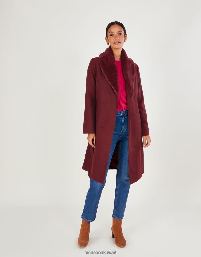 معطف بياقة فرو روفوس وحزام من البوليستر المعاد تدويره ملابس خمر أحمر) Monsoon نحيف N4BV8X852 - Monsoon kuwait avenues